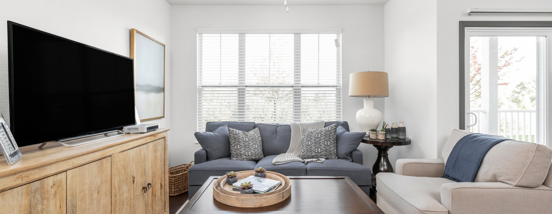 a living room with a grey couch and tan couch