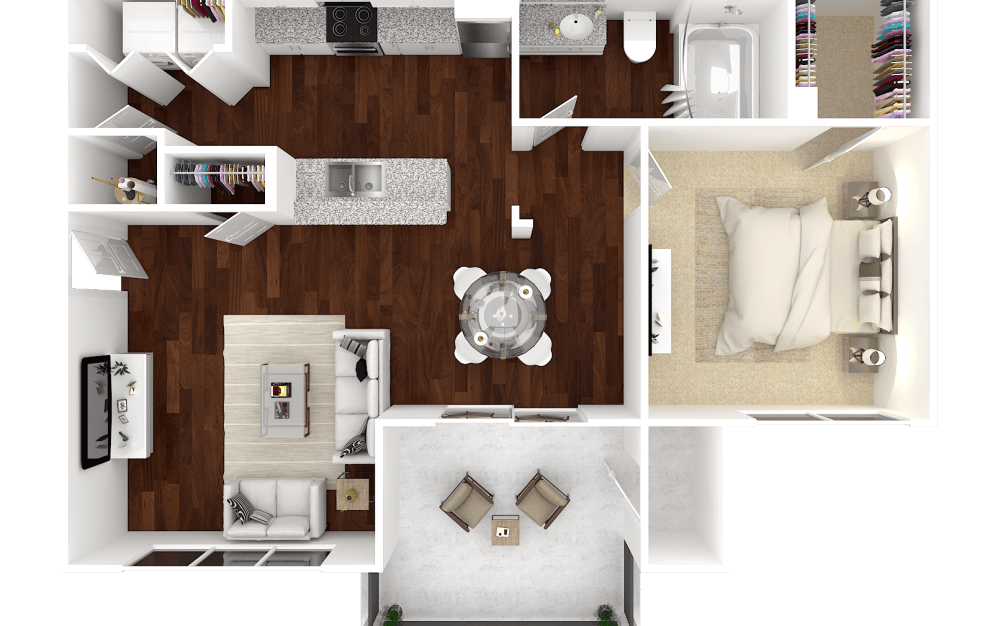 The Adams 1 bedroom, 1 bathroom 3D floorplan