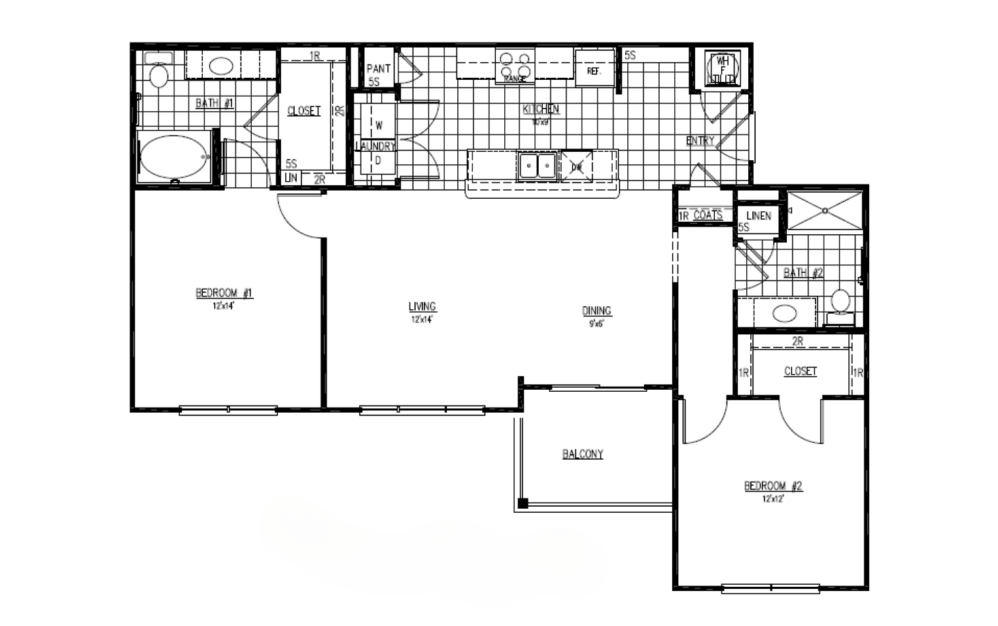 The Squire - 2 bedroom floorplan layout with 2 bathrooms and 1198 square feet